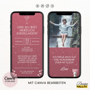 3. Seite der Vorlage mit Details zur Geburtstagsfeier. Einfach Datum und Ort der Feier anpassen.
4. Seite mit Fotoplatzhalter, Text (ich freue mich) und deinem Namen