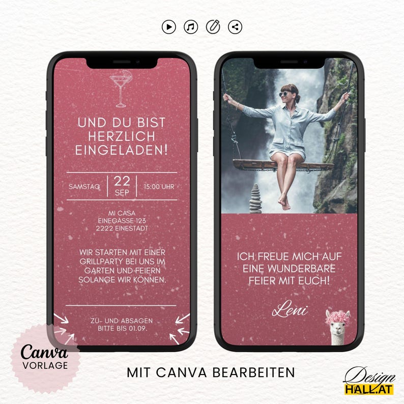3. Seite der Vorlage mit Details zur Geburtstagsfeier. Einfach Datum und Ort der Feier anpassen.
4. Seite mit Fotoplatzhalter, Text (ich freue mich) und deinem Namen