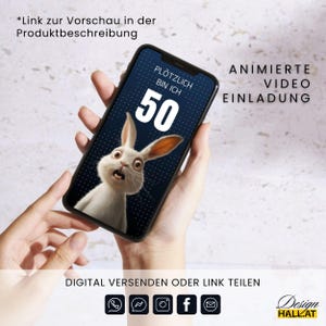 Lustige Einladung zum Geburtstag digital, Animierte Einladung Hase blau, Videoeinladung mit Musik personalisierbar, Canva-Vorlage mit lustigem Spruch "Kurz nicht aufgepasset..." mit 5 Seiten und 1 Startseite für das Video, Sofort Download, eCard Videoeinladung mit Hasen-Motiv zum Versenden mit Whatsapp, Instagram, Facebook, Messenger, SMS und E-Mail, lustige Einladungskarte Geburtstag für jedes Alter für Frauen und Männer,
