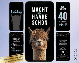 Könnte beinhalten: Ein digitales Einladungsvorlagen-Set für Smartphones mit einer braunen Alpaka-Grafik auf schwarzem Hintergrund. Der Text umfasst 'Einladung', 'MACHT die HAARE SCHÖN', 'ICH WERDE 40' und Party-Details. Das Design ist über Canva für jedes Alter bearbeitbar.