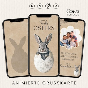 Digitale Grußkarte Ostern mit Foto, ecard Frohe Ostern animiert, personalisierbare Whatsapp Grußkarte Osterhase, Canva Vorlage mit Musik