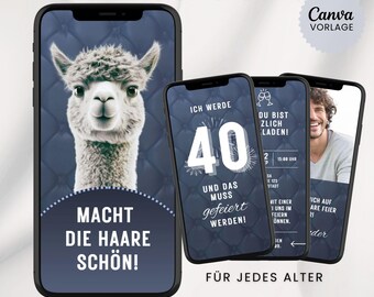 Lustige Einladung Geburtstag digital Geburtstagseinladung Alpaka animiert Whatsapp Video Einladung "Mach die Haare schön" Canva Vorlage blau
