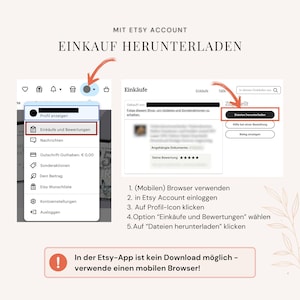 K&ouml;nnte beinhalten: Eine digitale Anleitung zum Herunterladen von Dateien aus einem Etsy-Konto &uuml;ber einen mobilen Browser. Sie zeigt Screenshots des Profilmen&uuml;s und der Bestellseite mit roten Pfeilen auf die Schaltfl&auml;chen 'Eink&auml;ufe und Bewertungen' und 'Dateien herunterladen', erg&auml;nzt durch eine nummerierte Schritt-f&uuml;r-Schritt-Liste und ein Warnfeld.