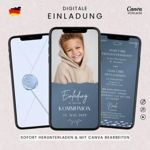 Könnte beinhalten: Digitale Einladungsvorlagen, die auf drei Smartphones angezeigt werden. Das zentrale Telefon zeigt ein lächelndes Kind und Text auf Deutsch. Die anderen Telefone zeigen Einladungsdetails. In der oberen linken Ecke ist die deutsche Flagge zu sehen.