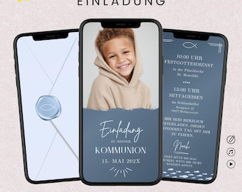 May include: Digital invitation templates displayed on three smartphones. The central phone shows a smiling child and text in German. The other phones display invitation details. The top left corner shows the German flag.