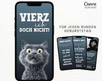 Lustige Einladung Geburtstag digital Geburtstagseinladung animiert Whatsapp eCard Geburtstag mit Musik und Foto Canva Vorlage Katze blau