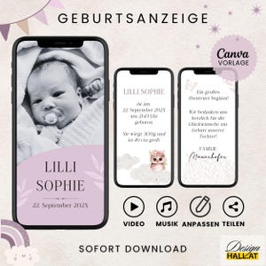 Geburtsanzeige digital mit Bild rosa eCard Geburt Mädchen animiert Karte Geburt Baby Whatsapp personalisierbar Canva Vorlage mit Musik