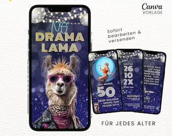 Funny digital birthday invitation eCard, animated birthday invitation with photo, WhatsApp invitation video, No Drama Lama Canva template with music