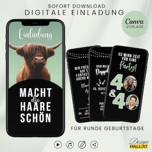Lustige digitale Einladung zum Doppel-Geburtstag, eCard mit Fotos, Whatsapp Einladung, Canva-Vorlage, Sofort-Download, Hochlandrind Motiv