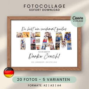 Könnte beinhalten: Eine digitale Fotocollage-Vorlage mit dem Wort TEAM, gefüllt mit verschiedenen Volleyball-Actionfotos. Der Text lautet Du hast ein verdammt geiles TEAM aus uns gemacht! Danke Coach! VSV LIEBENDORF | MEISTER 202X. Inklusive einem Holzrahmen.