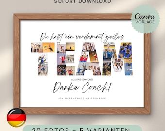 Team photo collage, thank you coach gift, trainer farewell gift, gift idea for sports club championship, digital A2 A3 A4, Canva template, 20 photos