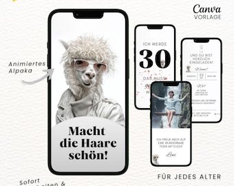 Funny digital birthday invitation | Animated eCard birthday invitation | White alpaca WhatsApp Canva template | Make your hair beautiful