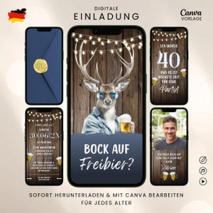 Op de afbeelding: Digitaal uitnodigingsontwerp met een hert met een zonnebril en een biertje, met de tekst "Bock auf Freibier?" en andere uitnodigingsdetails. Bevat een uitnodiging voor een 40e verjaardagsfeestje met tekst en een foto.