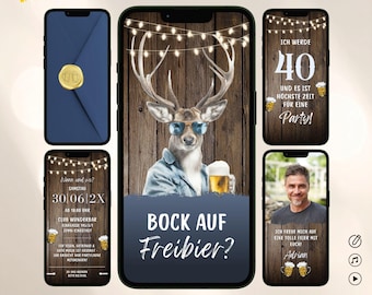 Einladung Geburtstag Whatsapp witzig | Geburtstagseinladung Männerparty Bier | eCard Geburtstagsfeier Mann | Canva Vorlage Hirsch Holz blau
