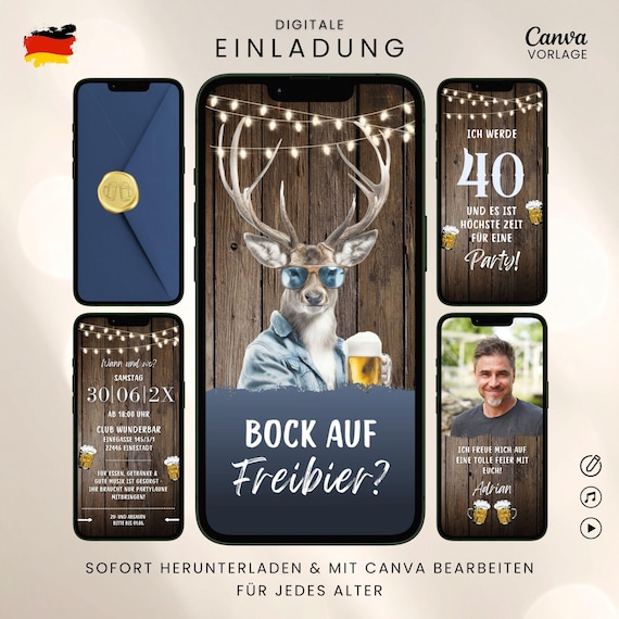 Einladung Geburtstag Whatsapp witzig | Geburtstagseinladung Männerparty Bier | eCard Geburtstagsfeier Mann | Canva Vorlage Hirsch Holz blau