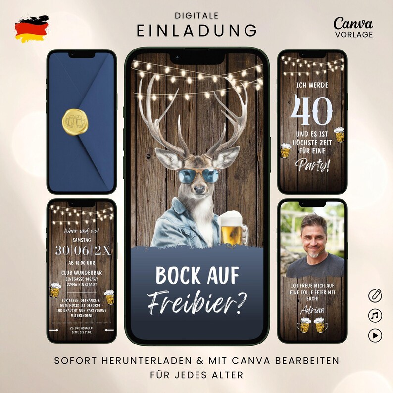 Digitale Einladung zum Geburtstag mit Umschlag-Animation, lustige Einladungskarte Hirsch mit Sonnenbrille, Bierkrug und Spruch "Bock auf Freibier?" mit Holz-Hintergrund, Lichterketten und blauen Akzenten, animierte Canva-Vorlage mit Musik & Foto, mit freiem Canva-Account personalisieren, für jedes Alter, als Video herunterladen und Videoeinladung per Whatsapp versenden