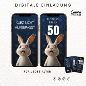 Lustige Einladung zum Geburtstag digital, Animierte Einladung Hase blau, Videoeinladung mit Musik personalisierbar, Canva-Vorlage mit lustigem Spruch "Kurz nicht aufgepasset..." mit 5 Seiten und 1 Startseite für das Video, Sofort Download, eCard Videoeinladung mit Hasen-Motiv zum Versenden mit Whatsapp, Instagram, Facebook, Messenger, SMS und E-Mail, lustige Einladungskarte Geburtstag für jedes Alter für Frauen und Männer,