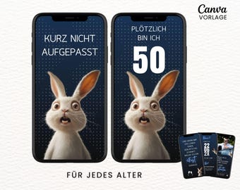 Digitale Einladung zum Geburtstag lustig, animierte Geburtstagseinladung Hase personalisierbar, Whatsapp Video Einladung, Canva Vorlage