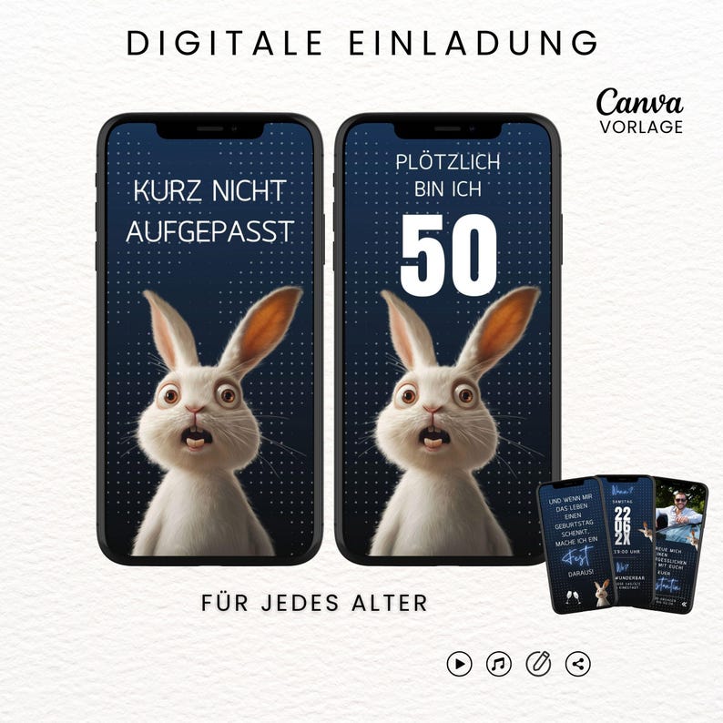 Lustige Einladung zum Geburtstag digital, Animierte Einladung Hase blau, Videoeinladung mit Musik personalisierbar, Canva-Vorlage mit lustigem Spruch "Kurz nicht aufgepasset..." mit 5 Seiten und 1 Startseite für das Video, Sofort Download, eCard Videoeinladung mit Hasen-Motiv zum Versenden mit Whatsapp, Instagram, Facebook, Messenger, SMS und E-Mail, lustige Einladungskarte Geburtstag für jedes Alter für Frauen und Männer,