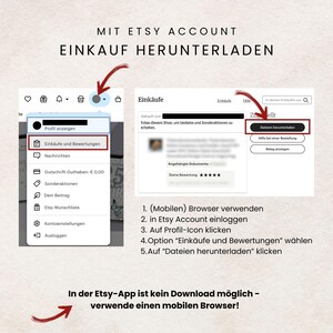 May include: A screenshot showing how to download purchases from an Etsy account. The image includes instructions in German, with arrows pointing to the profile icon, purchases, and download files options. Text at the bottom states that downloads are not possible in the Etsy app.