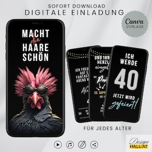 Digitale Einladung zum Geburtstag, animierte Video eCard mit Musik, Whatsapp Einladung, Canva-Vorlage, Sofort-Download, lustige Karte Hahn