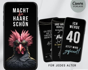 Digitale Einladung zum Geburtstag, animierte Video eCard mit Musik, Whatsapp Einladung, Canva-Vorlage, Sofort-Download, lustige Karte Hahn