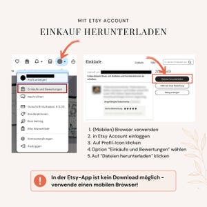 May include: A digital instructional graphic showing how to download files from an Etsy account using a mobile browser. It features screenshots of the profile menu and order page with red arrows pointing to the 'Eink&auml;ufe und Bewertungen' and 'Dateien herunterladen' buttons, accompanied by a numbered list of steps and a warning box.