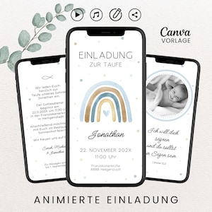 Digitale Einladung Taufe Boho Regenbogen eCard Taufeinladung mit Foto personalisierbar Whatsapp Einladung animiert Canva Vorlage mit Musik