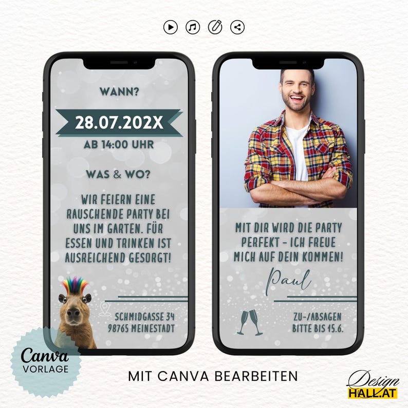 Digitale Einladung Geburtstag lustig "Macht die Haare schön", Animierte Einladung Capybara, Videoeinladung mit Musik, Canva-Vorlage personalisierbar, 4 Seiten, Sofort Download, eCard Whatsapp Einladung zum Versenden mit Whatsapp, Instagram, Facebook, Messenger, SMS und E-Mail, lustige Einladungskarte für jedes Alter für Frauen und Männer, Partyeinladung mit witzigem Capybara
