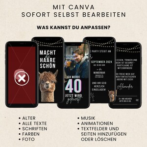 May include: A promotional image showcasing editable templates on smartphones. The image features several phones displaying various designs, including a birthday invitation, a party announcement, and a design with an alpaca. Text includes "MIT CANVA" and "SOFORT SELBST BEARBEITEN."