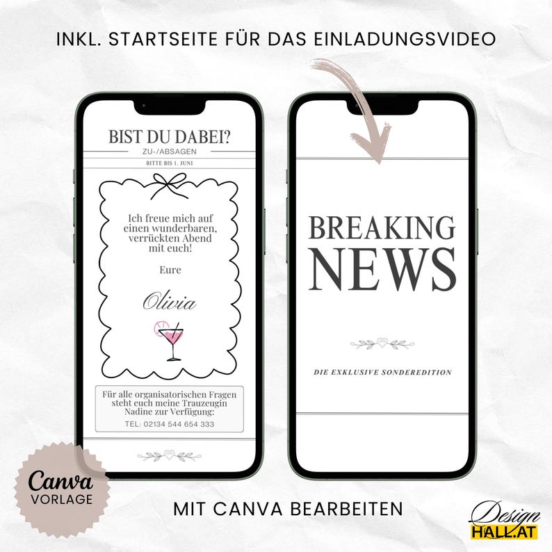 Die Canva-Vorlage ist völlig personalisierbar. Auf der dritten Seite wird um Zu- oder Absage gebeten und die Name und Telefonnummer der Trauzeugin oder des Trauzeugen kann angeführt werden. Außerdem kannst du die Icons auch löschen oder durch andere ersetzen. Die Startseite für das Einladungsvideo ist eine statische Seite, die vor dem Abspielen des Videos im Messenger angezeigt wird. Ansonsten würde eine leere Fläche angezeigt. Du kannst die Seite aber auch löschen, wenn sie dir nicht gefällt.