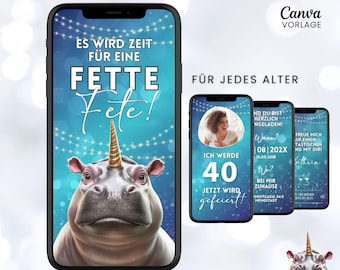 Lustige Einladung zum Geburtstag digital, animierte Geburtstagseinladung, eCard Geburtstagsparty, Whatsapp Partyeinladung, Canva Vorlage
