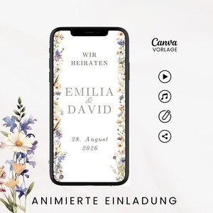 Hochzeitseinladung digital, Einladung Hochzeit, Animierte eCard Hochzeit, Hochzeitseinladung Wildblumen, Digitale Einladungskarte weiß, personalisierbare Canva-Vorlage,  Sofort Download, Video Einladung mit Foto, Zeitplan, Dresscode, Trauung Blumen
