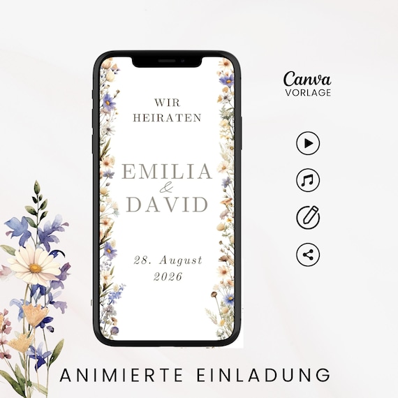 Digitale Einladung Hochzeit Wildblumen Hochzeitseinladung mit Dresscode Whatsapp Videoeinladung Blumen Canva-Vorlage mit Foto und Musik