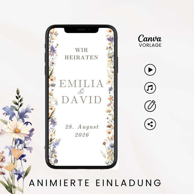 Hochzeitseinladung digital, Einladung Hochzeit, Animierte eCard Hochzeit, Hochzeitseinladung Wildblumen, Digitale Einladungskarte weiß, personalisierbare Canva-Vorlage,  Sofort Download, Video Einladung mit Foto, Zeitplan, Dresscode, Trauung Blumen