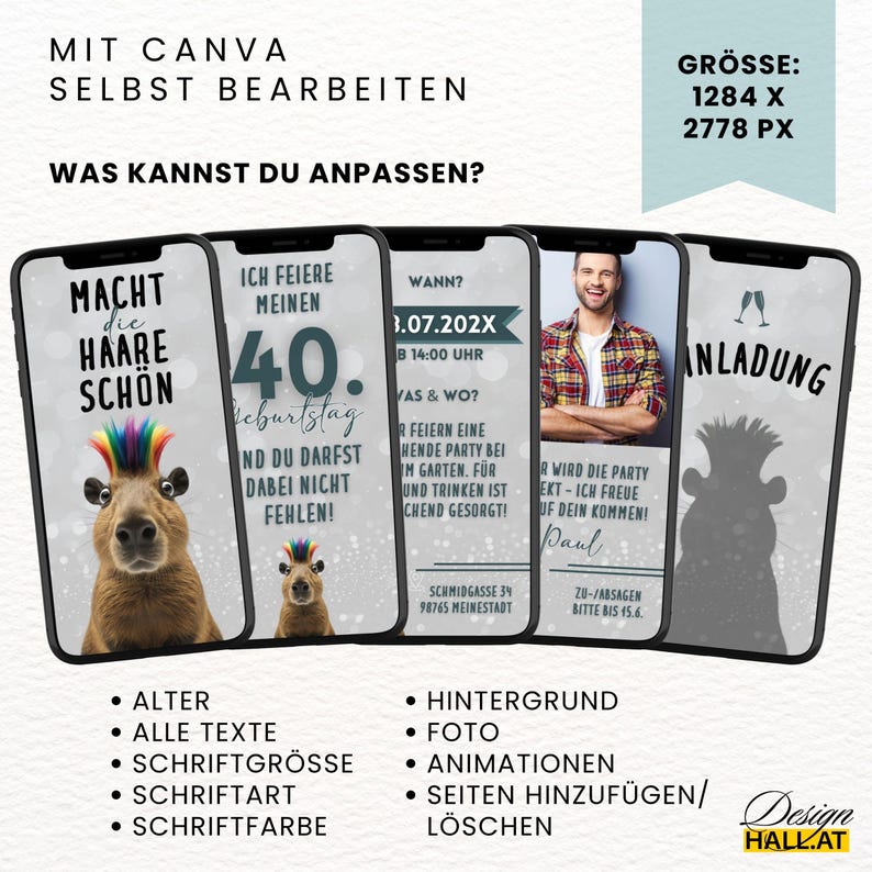 Digitale Einladung Geburtstag lustig "Macht die Haare schön", Animierte Einladung Capybara, Videoeinladung mit Musik, Canva-Vorlage personalisierbar, 4 Seiten, Sofort Download, eCard Whatsapp Einladung zum Versenden mit Whatsapp, Instagram, Facebook, Messenger, SMS und E-Mail, lustige Einladungskarte für jedes Alter für Frauen und Männer, Partyeinladung mit witzigem Capybara