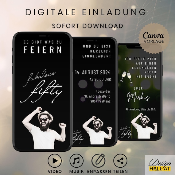 Digitale Einladung zum Geburtstag, animierte Video eCard mit Musik, Whatsapp Einladung, personalisierbare Canva-Vorlage, Sofort-Download