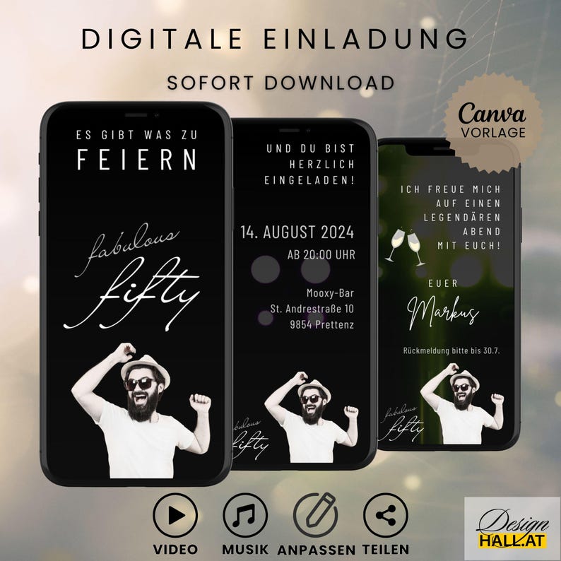 Digitale Einladung  Geburtstag, Animierte Einladung, Videoeinladung mit Musik, personalisierbar, Canva-Vorlage, Sofort Download, eCard, Videoeinladung zum Versenden mit Whatsapp, Instagram, Facebook, Messenger, SMS und E-Mail,