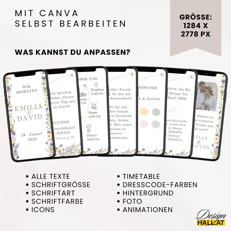 Hochzeitseinladung digital, Einladung Hochzeit, Animierte eCard Hochzeit, Hochzeitseinladung Wildblumen, Digitale Einladungskarte weiß, personalisierbare Canva-Vorlage,  Sofort Download, Video Einladung mit Foto, Zeitplan, Dresscode, Trauung Blumen