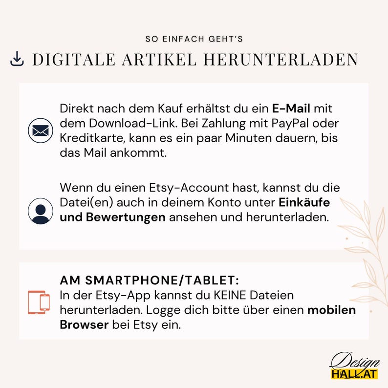 K&ouml;nnte beinhalten: Eine Infografik mit schwarzem Text auf wei&szlig;em Hintergrund, die erkl&auml;rt, wie digitale Artikel heruntergeladen werden. Sie enth&auml;lt Symbole f&uuml;r E-Mail, Kontozugriff und mobile Ger&auml;te sowie den Text SO EINFACH GEHT'S DIGITALE ARTIKEL HERUNTERLADEN.