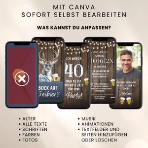 K&ouml;nnte beinhalten: F&uuml;nf Smartphones zeigen digitale Einladungsvorlagen mit rustikalem Holzhintergrund, Lichterketten und Biergrafiken. Die Bildschirme zeigen deutschen Text, einen Hirsch mit Sonnenbrille und ein Foto. Eine Liste nennt die bearbeitbaren Funktionen.
