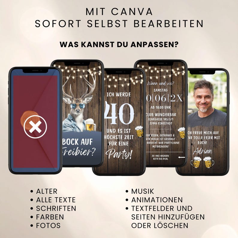 K&ouml;nnte beinhalten: F&uuml;nf Smartphones zeigen digitale Einladungsvorlagen mit rustikalem Holzhintergrund, Lichterketten und Biergrafiken. Die Bildschirme zeigen deutschen Text, einen Hirsch mit Sonnenbrille und ein Foto. Eine Liste nennt die bearbeitbaren Funktionen.