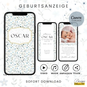 Geburtsanzeige mit Foto digital Geburtskarte Wildblumen mit Musik eCard Geburt Whatsapp Baby Karte personalisierbar Canva Vorlage animiert