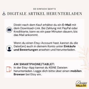 May include: An instructional graphic with black text on a white background explaining how to download digital files. It includes icons for email, account access, and mobile devices, with the text SO EINFACH GEHT'S DIGITALE ARTIKEL HERUNTERLADEN.