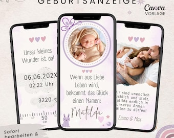 Digital baby birth announcement, animated video eCard for a girl's birth, customizable WhatsApp Canva template with photo & music