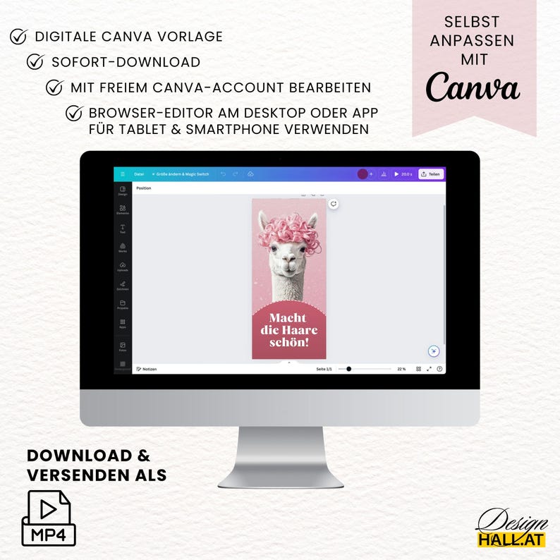 Detailansicht der Bearbeitungsoberfläche in Canva. Einfach zu handhaben – keine Designkenntnisse nötig. Einladung mit Animation, Spruch und Platz für individuelle Angaben.