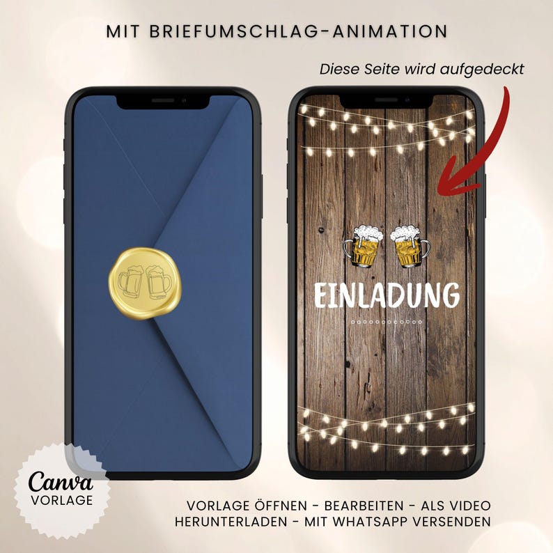 K&ouml;nnte beinhalten: Zwei Smartphones mit einer digitalen Einladungsvorlage. Der linke Bildschirm zeigt einen blauen Umschlag mit einem goldenen Wachssiegel mit zwei Bierkr&uuml;gen. Der rechte Bildschirm zeigt einen rustikalen Holzhintergrund mit Lichterketten.