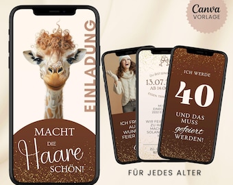 Digital birthday invitation, animated video eCard, WhatsApp birthday invitation, Canva template, instant download, funny giraffe card