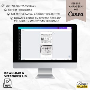 Mit diesem Kauf erhältst du eine digitale Canva-Vorlage als Sofort Download. Die Vorlage lässt sich mit einem freien Canva-Account bearbeiten. Eine Registrierung bei Canva ist dafür aber notwendig. Für die Bearbeitung empfehlen wir Canva über den Browser-Editor auf einem PC oder Laptop zu verwenden. Du kannst die Vorlage aber auch mit der mobilen Canva-App auf dem Smartphone oder Tablet bearbeiten. Die fertige Einladung wird als MP4-Video heruntergeladen und digital versendet werden.