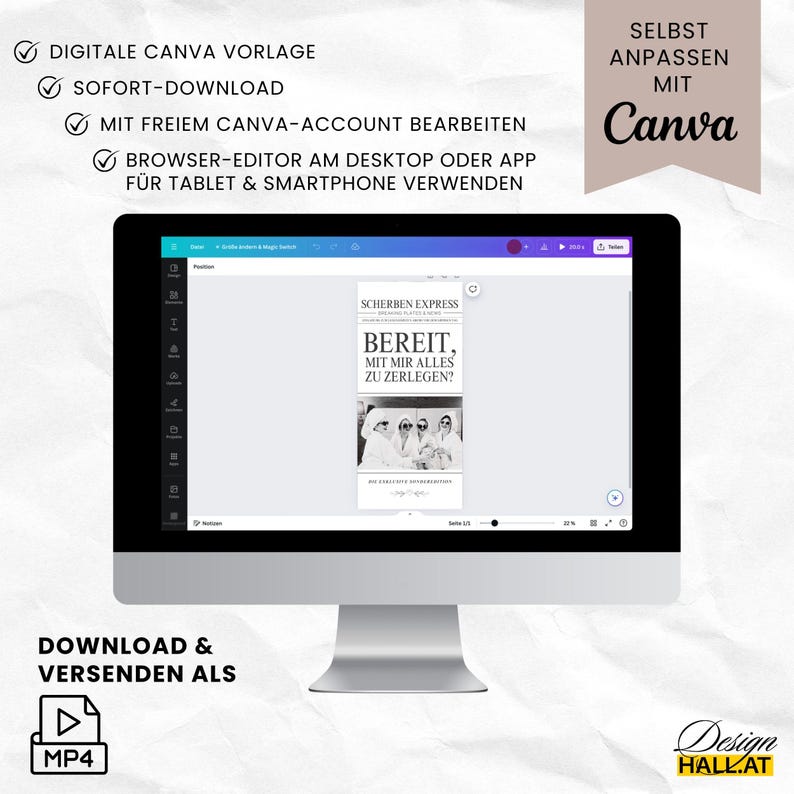 Mit diesem Kauf erhältst du eine digitale Canva-Vorlage als Sofort Download. Die Vorlage lässt sich mit einem freien Canva-Account bearbeiten. Eine Registrierung bei Canva ist dafür aber notwendig. Für die Bearbeitung empfehlen wir Canva über den Browser-Editor auf einem PC oder Laptop zu verwenden. Du kannst die Vorlage aber auch mit der mobilen Canva-App auf dem Smartphone oder Tablet bearbeiten. Die fertige Einladung wird als MP4-Video heruntergeladen und digital versendet werden.